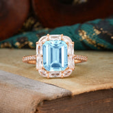 4CT Emerald Cut 8 Prong Aquamarine Engagement Ring Pave Halo Bridal Ring